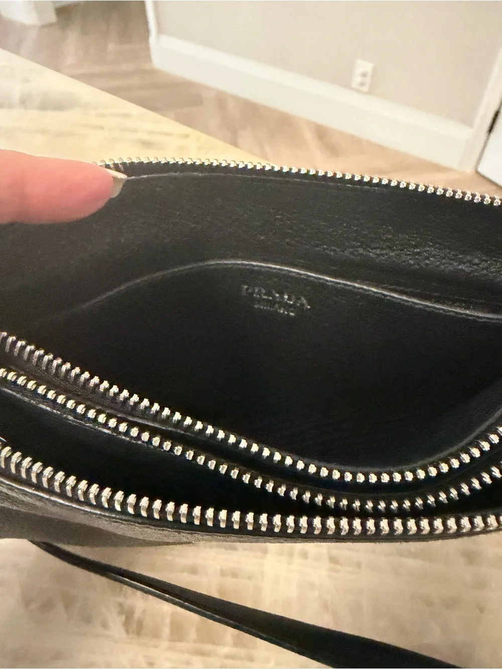 Prada Black Pebbled Leather DOUBLE ZIP GUSSET CROSSBODY BAG with Silver Logo